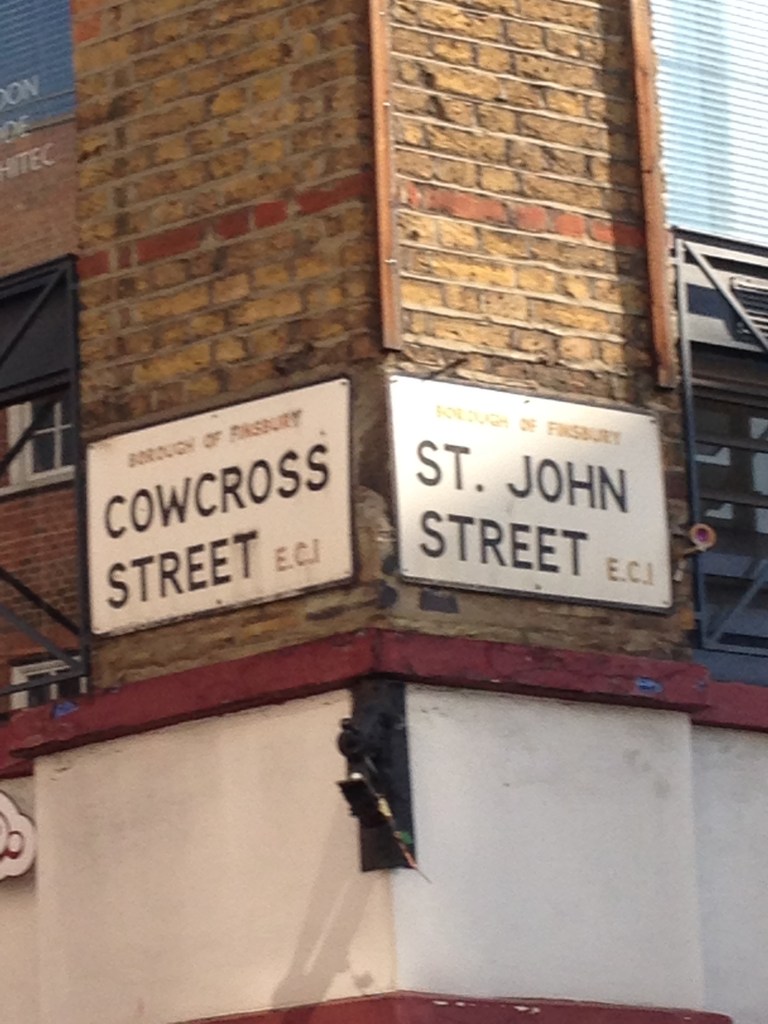 The meeting point of St John's Street and Cowcross Street, a market meeting the drovers' route